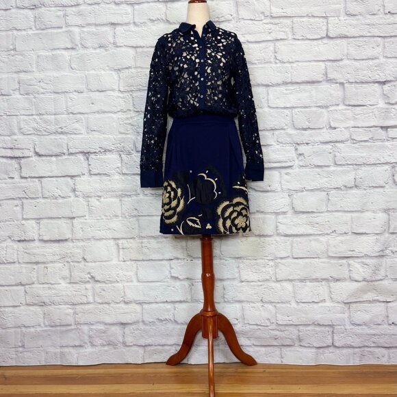 Anthropologie Floreat Sufi Navy Blue Cotton Floral Embroidered Skirt - Picture 5 of 9